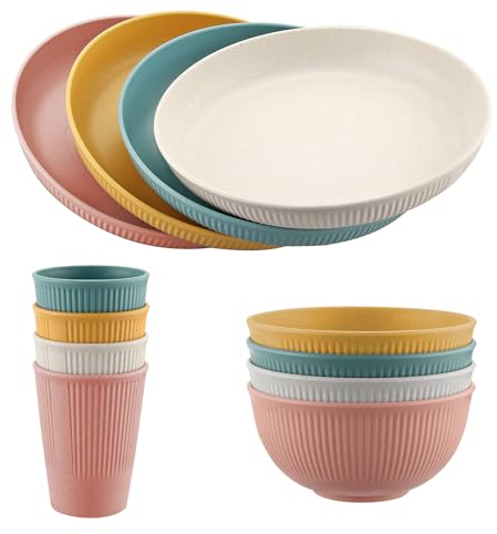 FUNYKICH 12PC Unbreakable Kids Camping Dinner Set - Plates, Bowls, Cups - Dishwasher & Microwave Safe