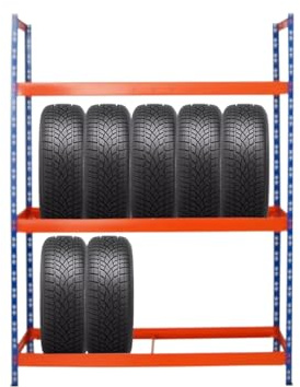 PROREGAL Reifenregal Tiger XL | HxBxT 200x150x45 cm | 300kg Fachlast | bis zu 18 Reifen (205/55 R16) | Blau/Orange | Werkstattregal, Lagerregal, Kellerregal