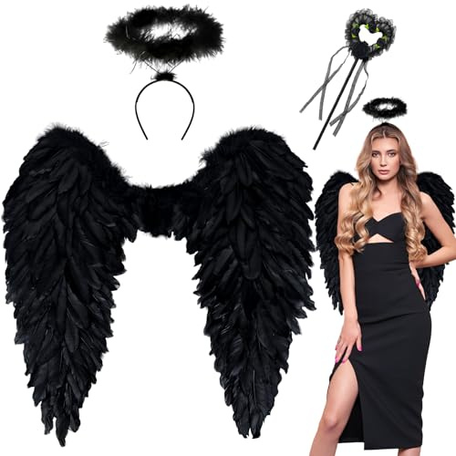 Orgoue Ailes d'ange, Noir Ailes d'ange pour Costumes de Mardi Gras Ailes de Plumes Ange Costume Femme avec Halo pour Halloween Carnaval Anniversaire Fête
