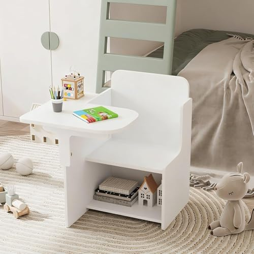 Menaka Kids Desk and Chairs Set Wooden with Storage Bin for Activities Playing Reading Painting, Children Table Stool Furniture Homeschooling Kindergarten for Boy Girls Arts & Crafts (White)
