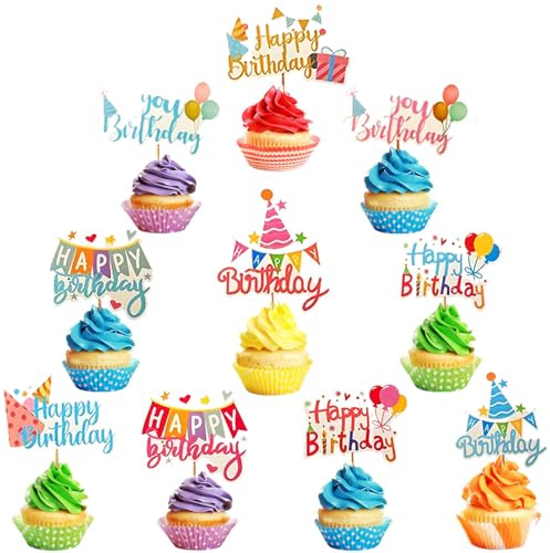 Pangogogo 50Pcs Happy Birthday Cupcake Toppers,Colorful Hot Air Balloon Hat Happy Birthday Cake Toppers，10 Styles Small Cake Toppers Dessert Topper for Girl Boy Child's Birthday Party