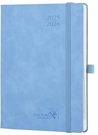 POPRUN Agenda 2025 2026 Semainier et Carnet de Notes,22 x 16,5 cm D'Août 2025 à Déc 2026 Scolaire - Couverture Souple en PU Cuir, Onglets Mensuels, Papier 80g/m², Signets ruban, Bleu Cyan