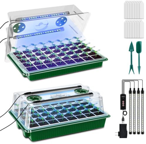 AONYIYI Zimmergewächshaus Anzuchtkasten,2 Stück 80 Loch Mini Gewächshaus Anzucht mit 4 Wachstumslichtern,Anzucht Gewächshaus mit Timing-Controller einstellbare Helligkeit mit 10 Pflanzenetikett