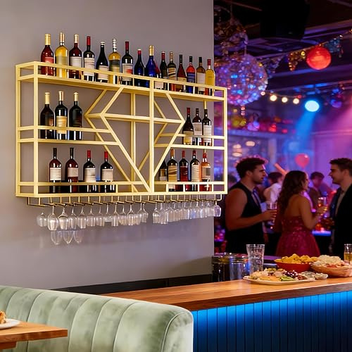 SPTZQURY Botellero de Vino de Pared, Grande Estante de Vino Decorativo Industrial de Metal con Portavasos para Copas, Estante Flotantes para Exhibición De Vinos Botellero para (Gold, 3 Tier,63in)