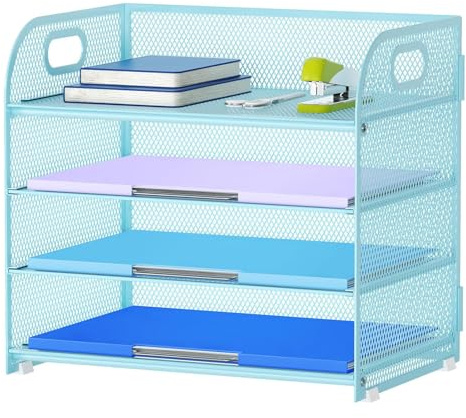 Marbrasse Desk Trays Organiser,4 Tier Letter Paper Tray with Handle,Mesh in Tray for Desk Office Home A4 File Document Storage (Blue)