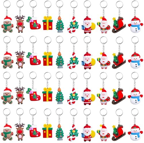 LATERN 40Pcs 3D Christmas Keychains, 5CM Rubber Cartoon Christmas Keyring Santa Claus Snowman Christma Tree Wreath Key Chain Ornament for Christma Gifts Party Favors Xmas Tree Decoration (10 Styles)