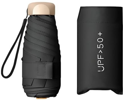 Enreluya Paraguas Plegable de Bolsillo, Sombrilla de Mano 6 Varillas, Protección UV 99% Impermeable, Mini Paraguas Protección Solar UV con Funda, Ideal Viajar y Bolsos Pequeños, Negro