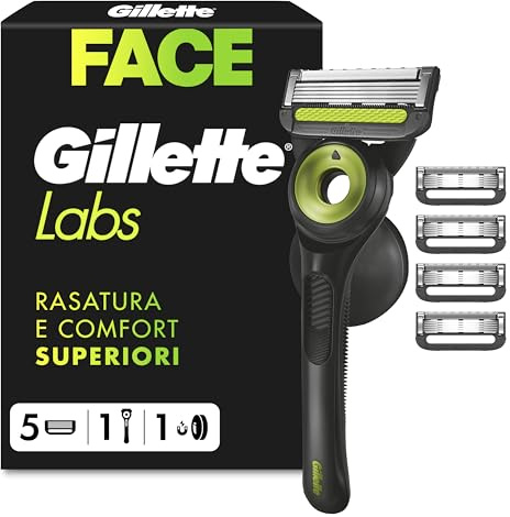 Gillette Labs Rasoio a Mano Libera, Edizione Neon Night, 1 Manico, 5 Lamette di Ricambio, Base Magnetica, Custodia da Viaggio e Gancio da Parete, Rasoio Barba Grigio e Lamette di Ricambio