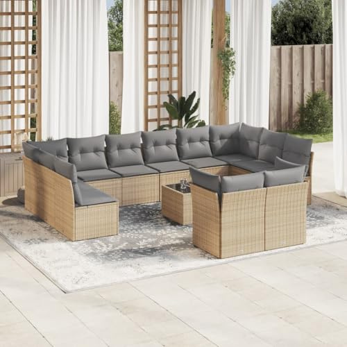 Holamys Ensemble de 13 meubles de jardin avec coussins, beige en rotin PE, ensemble de meubles d'extérieur pour terrasse, balcon et jardin, groupe de sièges modulaires avec espace de rangement et