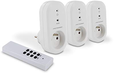 METRONIC 495044 Pack de 3 Prises Télécommandées sans Fil, Plug & Play, Sécurité Enfant, All ON / All OFF, Prises Télécommandées pour Éclairages et Appareils Électriques d'Intérieur