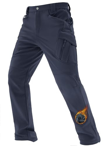 TACVASEN Men's Insulated Snow Pants Winter Warm Fleece Lined Navy Blue Tactical Work Pants Waterproof Windproof Thermal Softshell Trousers for Outdoor