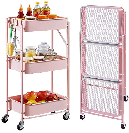 Luchs - Servierwagen, Küchenwagen, Badregal, Organizer, Regal auf Rädern, Rollwagen, Küchenregal, klappbar, Allzweckwagen für Küche, Badezimmer, Bad und Büro mit 3 Ebenen (Rosa)