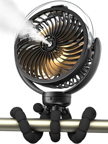 Misting Stroller Fan, 6000mAh Battery Operated Portable Fan with Light & 360° Pivoting, Personal Fans with Flexible Tripod for Baby, Office, Travel,Treadmill,Outdoors