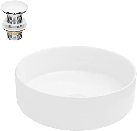 ECD Germany Lavabo Ronde en Céramique, Ø 355 x 120 mm, Blanc, avec Garniture de Vidage 1 1/4, pour Lavabo sans Trop-Plein, Vasque à Poser, Évier Moderne, Lave-Mains, Cuvette Salle de Bain Toilette