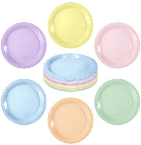 SietDESEO 60 piatti di carta color arcobaleno pastello, 17,8 cm, usa e getta, piatti da dessert, piatti da cena arcobaleno pastello per matrimoni, baby shower e forniture per feste di compleanno