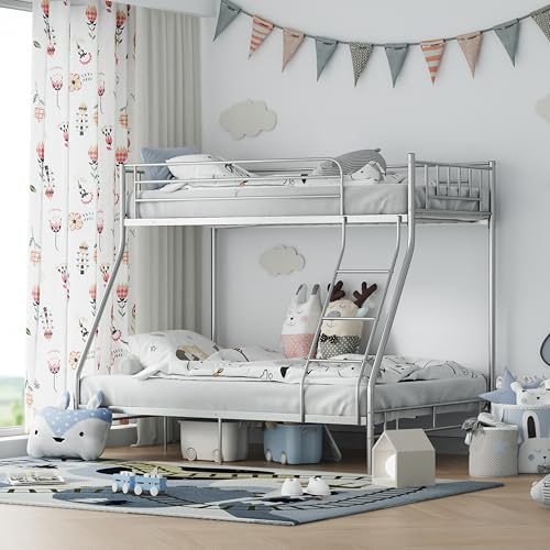 XINBEDEU Triple Bunk Bed Frame for Kids & Adults, Sturdy Metal Bunk Bed 3ft Single Over 4ft6 Double, White Metal Frame with Safety Rail for Children & Teenagers, Space-Saving Design (Silver, Double)