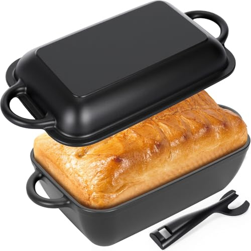 Maxdot Padella per pane in ghisa con coperchio da 5,7 QT forno olandese per cottura del pane a lievitazione naturale antiaderente con doppi manici, leva del coperchio per cottura fatta in casa