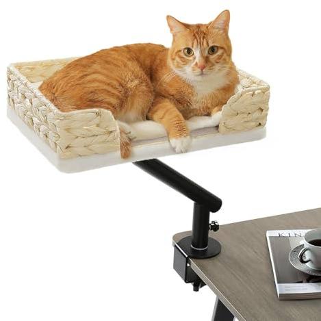 PAWZ Road Kattskrivbord, korgsäng för katter, 22,7 kg belastning, 360° rotation, justerbar, mjuk katthängmatta, katthängmatta, vit