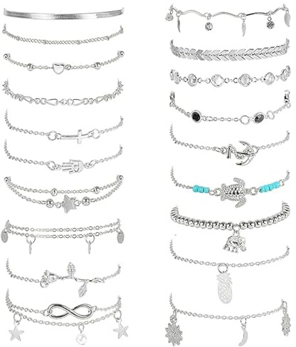 ZXTGBQ 20 StüCke FußKettchen FüR Damen, Wasserdicht FußKette Damen, Silber TüRkis FußKette, Boho FußKettchen GrößEnverstellbar, Festival Und Strand Accessoires, Geschenke FüR Frauen/Mama/Mutter