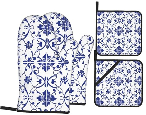 Set di guanti da forno e presine in porcellana blu e bianca resistenti al calore, con impugnatura antiscivolo per barbecue, cottura e cottura