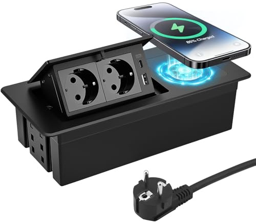 Presa a scomparsa da cucina con caricabatterie wireless da 15 W e PD 20 W USB C, presa da incasso a 3 prese, da tavolo, ricarica rapida pop-up per ufficio piano di lavoro