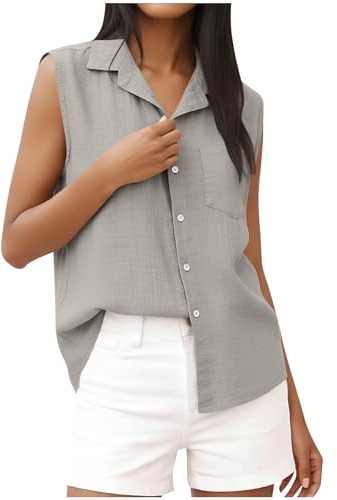 Wyongtao Chemise Femme sans Manches Coton Et Lin T-Shirts Coton Et Lin pour Femmes Revers Bouton Débardeur Couleur Unie Respirant Chemisiers Et Blouses Grande Taille Top Tunique Blouse avec Poche