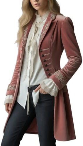 Blazer Gothique Femme Veste Queue De Pie Victorienne Tenue Steampunk Manteau Médiéval Blazer en Velours Femme Veste Ouverte en Velours Costume De Pirate Rose S