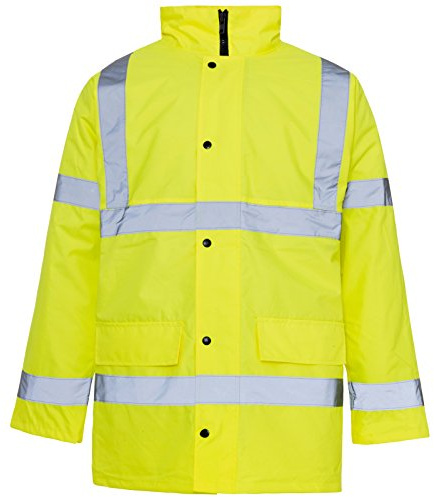MyShoeStore® Hi Vis Viz High Visibility Parka Jacket Workwear Safety Security Concealed Hood Fluorescent Flashing Hooded Padded ¾ Length Waterproof Work Coat Top Yellow Medium