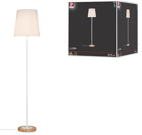 Paulmann 79634 Luminaria de pie Neordic Stellan máx. 1x20 W, luminaria de pie para lámparas E27, lámpara de pie con pantalla de tela, color blanco/madera 230 V sin fuente de luz