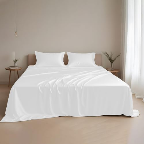 LINENWALAS Set biancheria da letto in 4 pezzi Tencel - tinta unita (set completo di lenzuola 4 pezzi, bianco)
