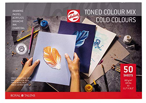 Talens Paper - Bloc de papier ton sur ton mélange de couleurs froides A3 42x29.7cm - 180g 50 feuilles - Haute qualité 15% coton 20% recyclé - Pour crayons Pastels Gouache Encres Acryliques Fusain