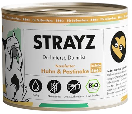 STRAYZ - Bio Katzenfutter in Soße - Huhn & Pastinake: Getreidefreies Katzenfutter hoher Fleischanteil ohne Zucker - Spendet für Straßenkatzen (6x200g)