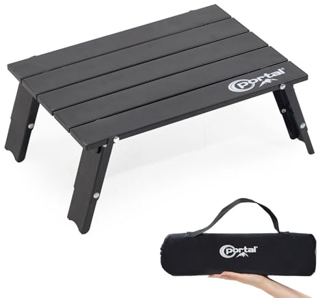 Portal Small Folding Camping Table Mini Ultralight Adjust Height Aluminum Table 800g with Storage Bag Compact Lightweight Space-Saving Low Dining Table 40x29x16cm for Picnic, Hiking, Beach and Outdoor