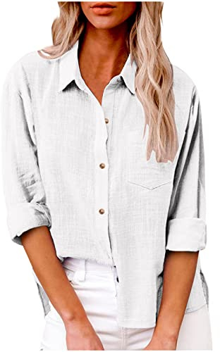 AEGJEGVD Chemise Lin Femme Manches Longues Chemisier Coton et Lin pour Femmes Col en V Bouton Tops Couleur Unie Respirant T-Shirts Chemisiers et Blouses Grande Taille Pas Casual Tunique Blouse Soldes
