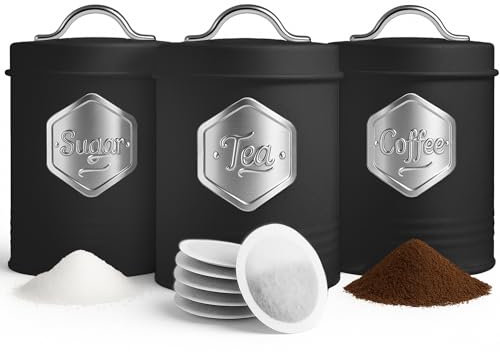 HEFTMAN Recipientes de té negro, café, azúcar, elegantes juegos de 3 piezas para la cocina, juego de almacenamiento de té y café con recipientes herméticos y etiquetados (3 piezas, negro/plateado)