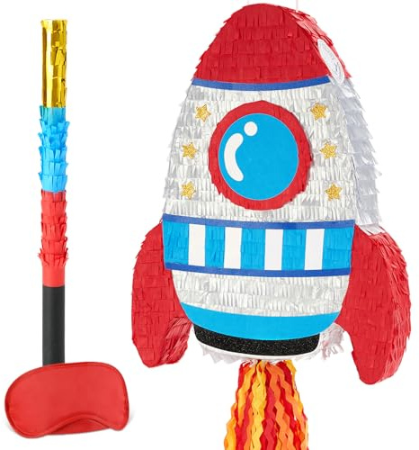WERNNSAI Rocket Pinata Rocket Ship Pull String Pinata with Blindfold Bat | Space Birthday Party Decoration Spaceship Party Decor for Campus Celebration Supplies