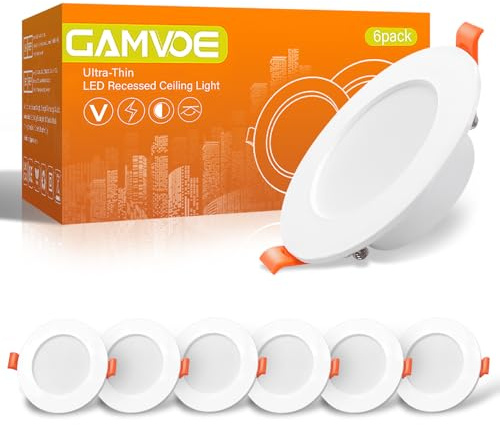 GAMVOE LED Downlights Ultra Slim 6W LED Recessed Ceiling Lights Dimmable, 6000K Natural White, Round Spotlights for Bathroom Kitchen Living Room (6 Pack)