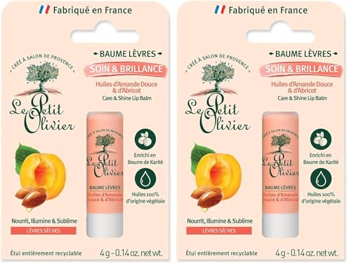 LE PETIT OLIVIER - Baume Lèvres Soin & Brillance - Huile D'Amande Douce et Abricot - Nourrit, Illumine & Sublime - Lèvres Sèches - Huiles 100% Végétales & Beurre de Karité - Fabriqué en France - 4 g
