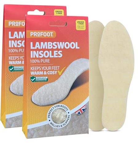Profoot Lambswool Insoles - Full Length Shoe Inserts - Ideal for Cold Feet and Foot Discomfort - Perfect for Boots, Wellies and Slippers - Washable and Reusable - One Size Fits All - (2 Pack)