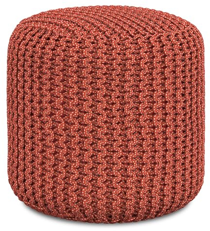 SIMPLIHOME Wynne Round Knitted Pouf - 18 inch Wide Upholstered PET Polyester Ottoman in Orange, Indoor/Outdoor Boho Footstool or Extra Seating for Living Room with Polystyrene Bead Filling, Assembled