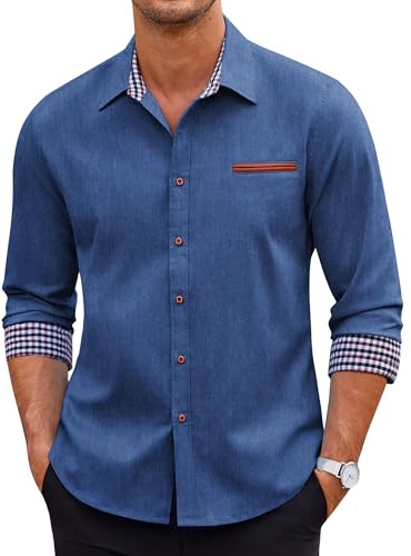 COOFANDY Men's Denim Button Up Shirt Slim Fit Long Sleeve Checked Shirt