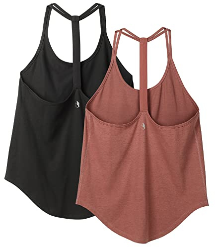 icyzone Workout Tank Tops for Women - Gym Yoga Shirts, T-Back Sport Running Tank Top, 2-Pack (M, Black/Brick)