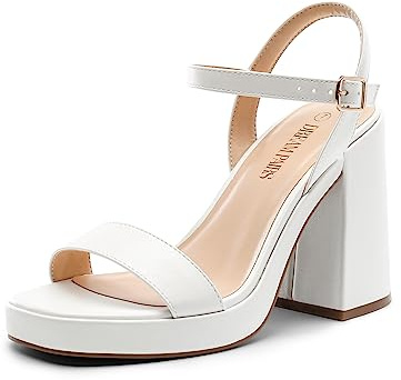 DREAM PAIRS Heels for Women Block Chunky Platform High Heels Open Toe Fashion Wedding Party Evening Prom Dance Ankle Strap Dress Pump Sandals Shoes,Size 8,White