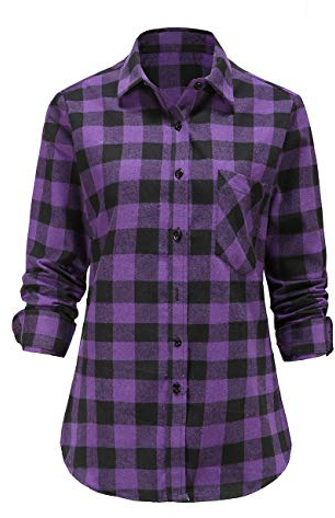 Dioufond Checked Flannel Shirts Women Long Sleeve Womens Plaid Shirt Purple Flannel Shirt M