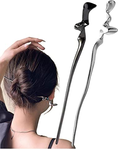 Ypkia 2 Stück Haarstab Metall Silber Haarstäbchen Glänzend Lange Haarnadeln Chignon Pins Für Damen Brötchen Dekoratives Haar Feste Frisur