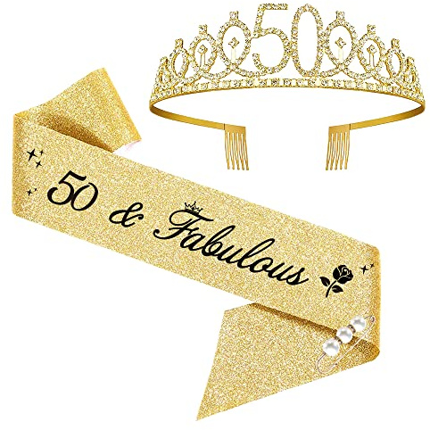 Moitkptt 50 & Fabulous 50 Ans Couronne Anniversaire Écharpe, Diademe Princesse Reine decoration anniversaire, cadeau anniversaire femme (Dore)