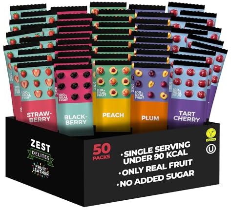 Zest Delites Snack Dolci in Pelle di Frutta, Merendine Senza Glutine, 50 Pack, Fragola, Mora, Pesco, Prugna e Ciliegia, Barrette Energetiche Ciclismo, Mix di Frutta, Snack Monoporzione, 50x25g
