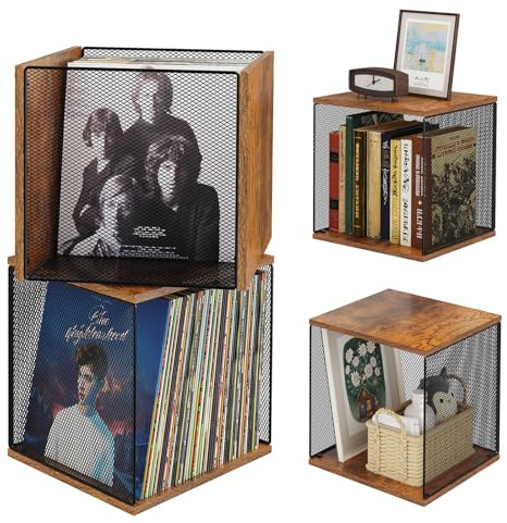 2 Cubes of Record Holder Shelf Storage Furniture - DIY Stackable 80-110 Vinyl Album Visualize Storage Box Cube - Natural Wooden Organizer Crate Cabinet