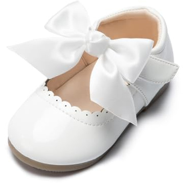 CENCIRILY Girls Patent Mary Jane Dress Shoes with Detachable Bow | Toddler Flower Girl Dress Flats, Back to School Uniform Shoe, Hook&Loop Straps, Cushioned Insole, Ideal For Party Wedding
