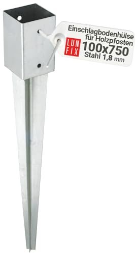 100x100mm Einschlag-Bodenhülse für Holzpfosten Rund + 4-Kant Feuerverzinkt 1,8 mm Materialstärke für Zäune & Gartenprojekte Gesamtlänge 750 mm